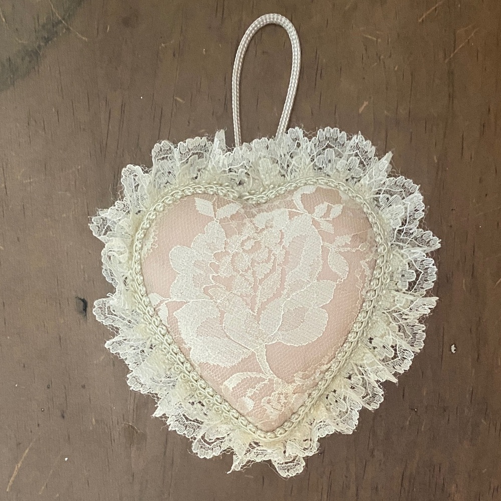 Vintage 1983 Louis Nichole Lace Pink Heart Pillow Ornament Victorian Style